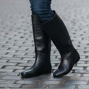Henry Ferrera Black Knee High Croc-Embossed Winter Boots Size 6 Rain Winter